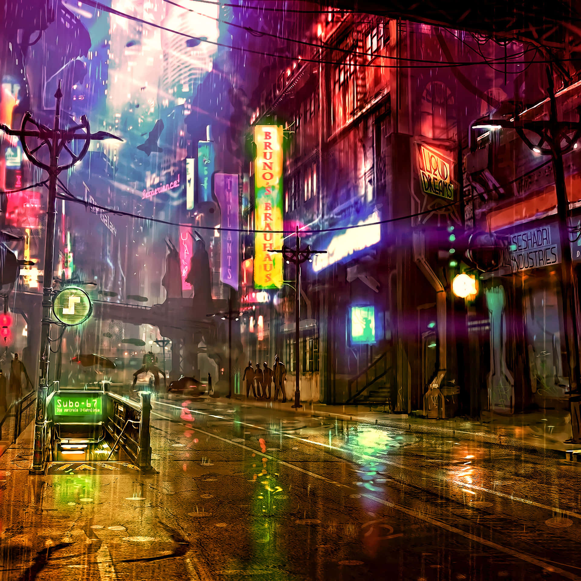 未來城市街道夜景，霓虹招牌在濕路面上反射。