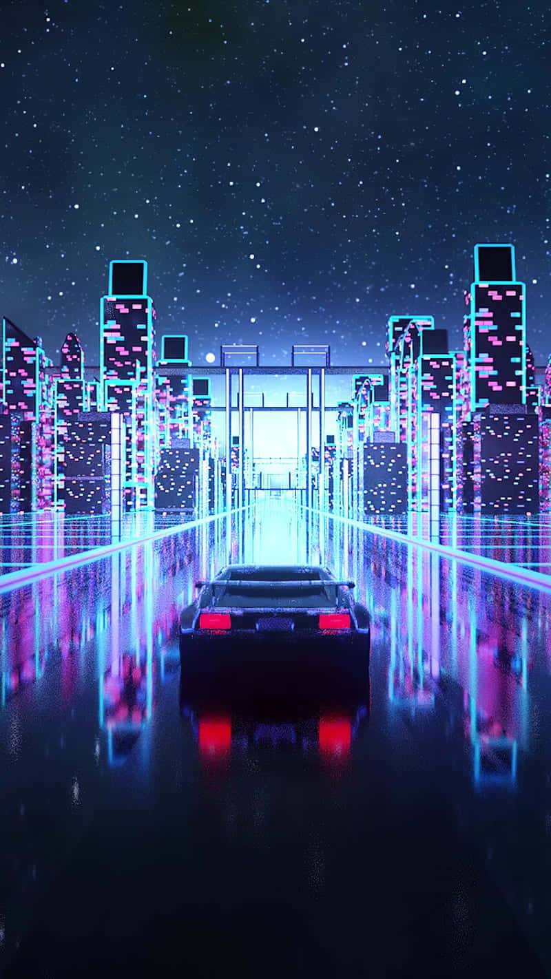 未來城市夜晚，霓虹高速公路上的時尚汽車與星空。