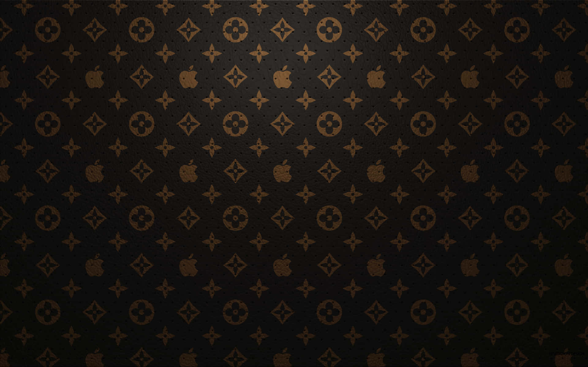 黑色背景上帶有重複金色 Louis Vuitton 和 Apple 標誌的牆紙。
