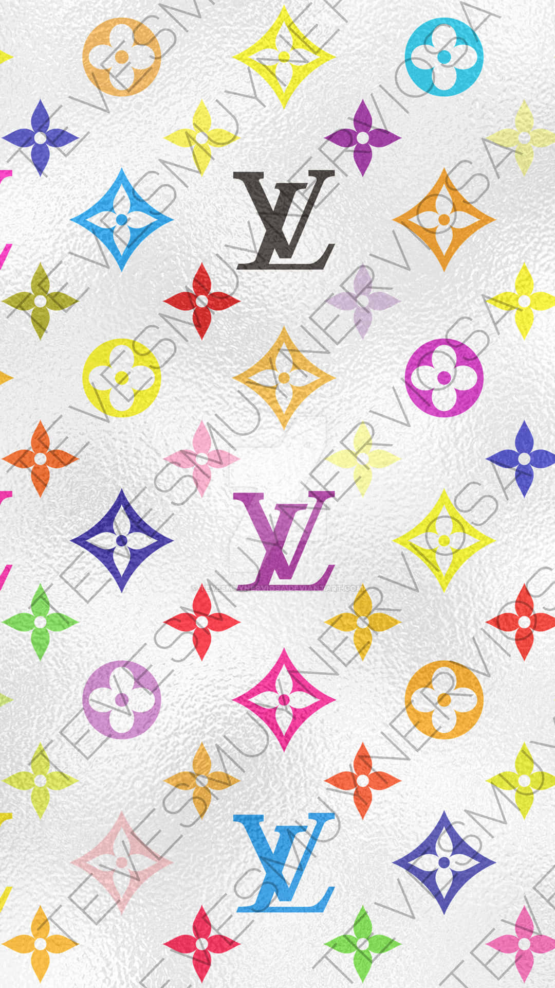 在紋理白色皮革背景上的彩色Louis Vuitton字母組合圖案。