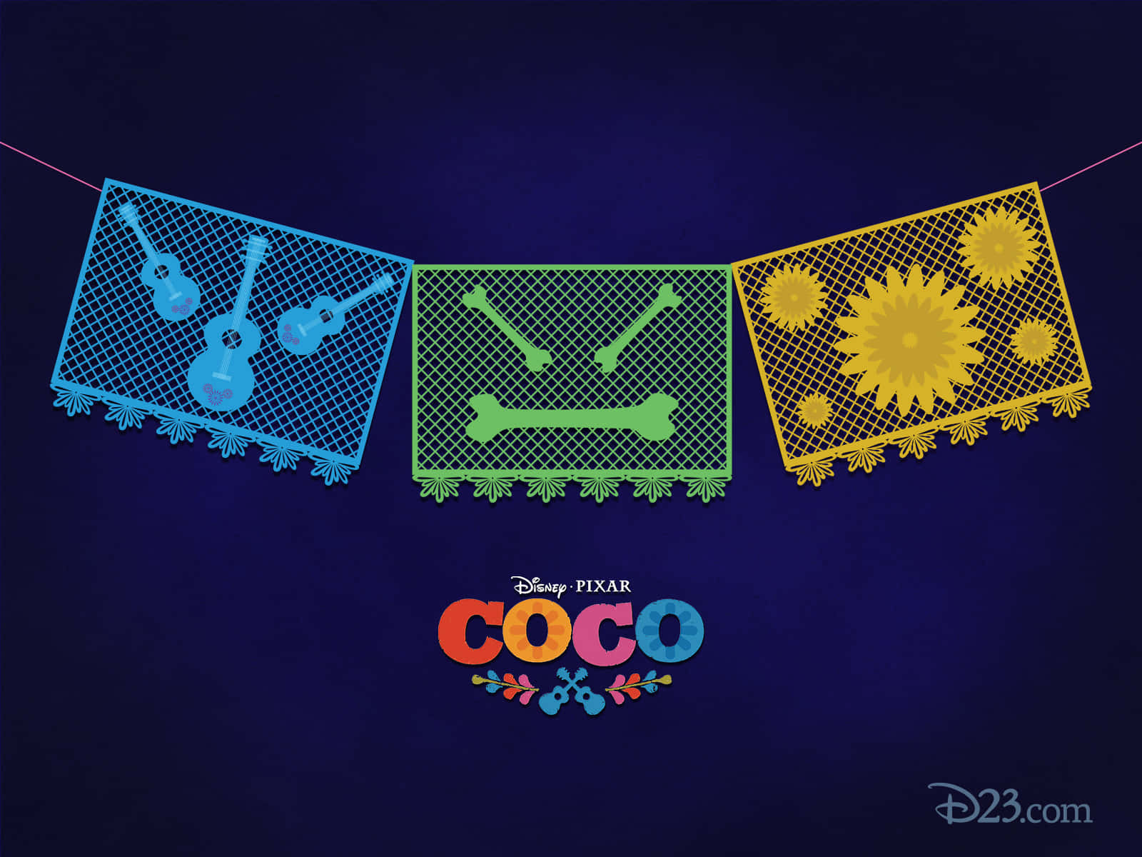 為電影《Coco》設計的色彩繽紛 papel picado 橫幅，上面有結他、骨頭和向日葵。