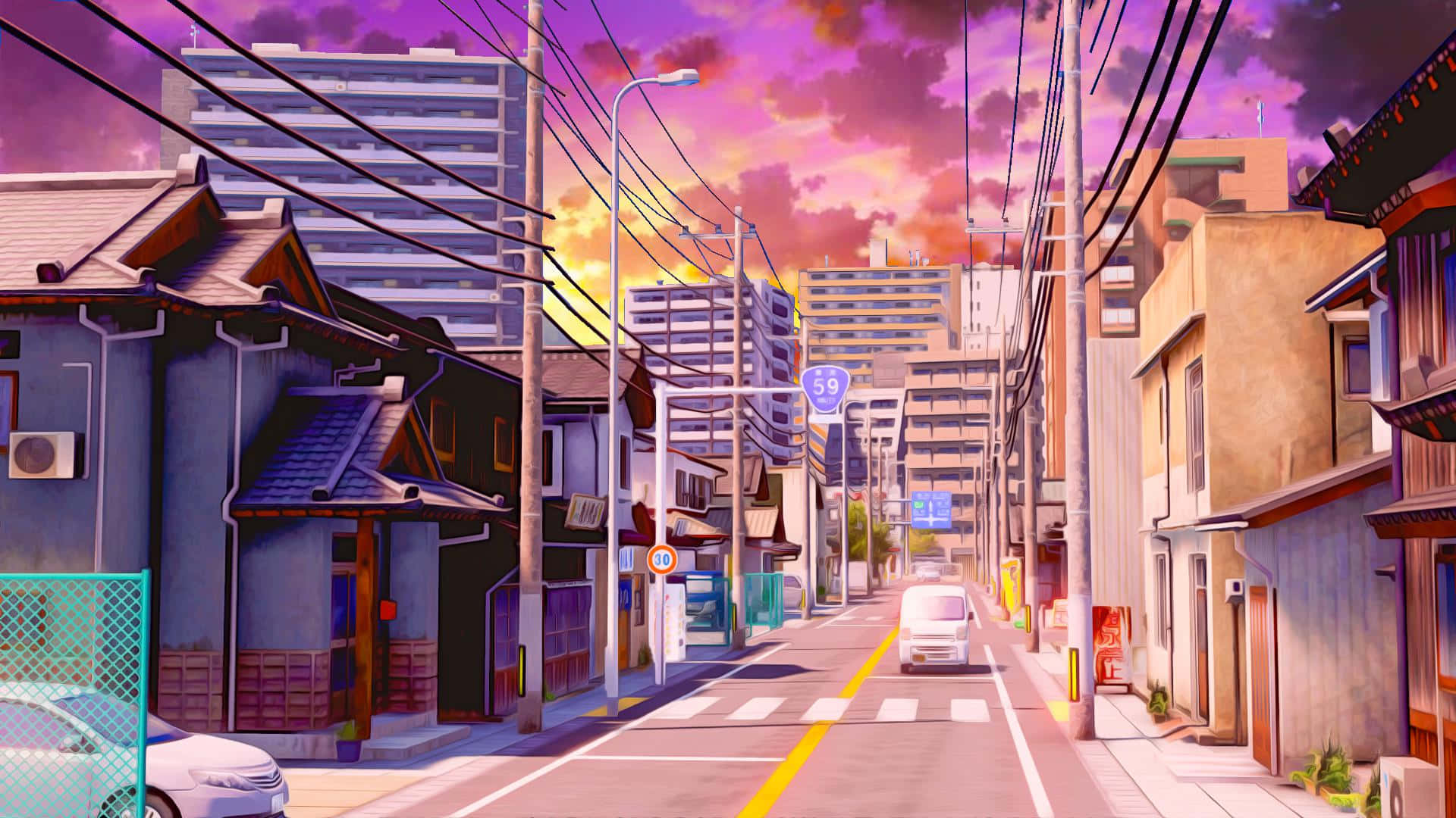 夕陽下的動漫風格城市街道，有傳統和現代建築，以及一輛行駛在路上的貨車。