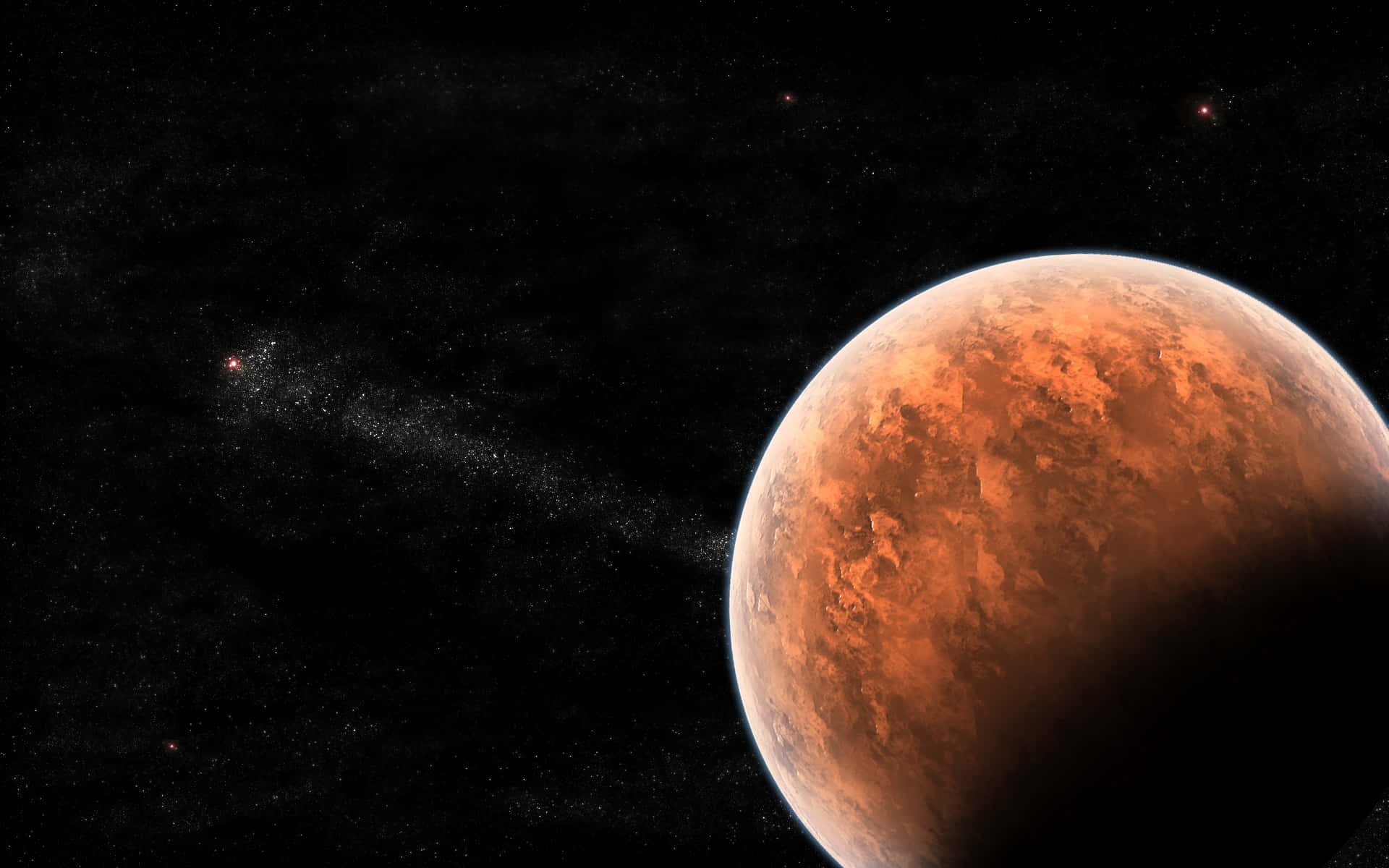 一顆紅色行星在星空宇宙背景和發光星雲的襯托下呈現剪影。