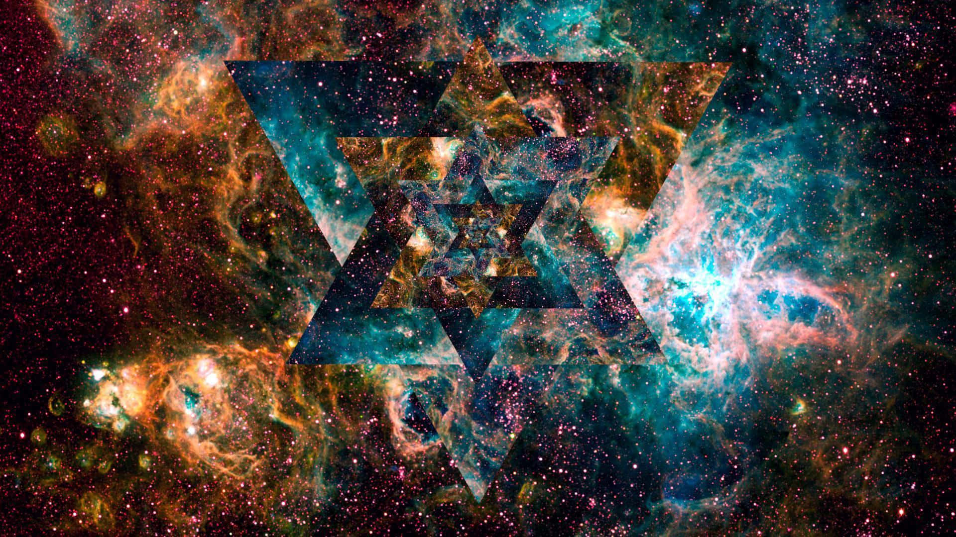 幾何星形疊加在色彩繽紛的宇宙星雲背景上