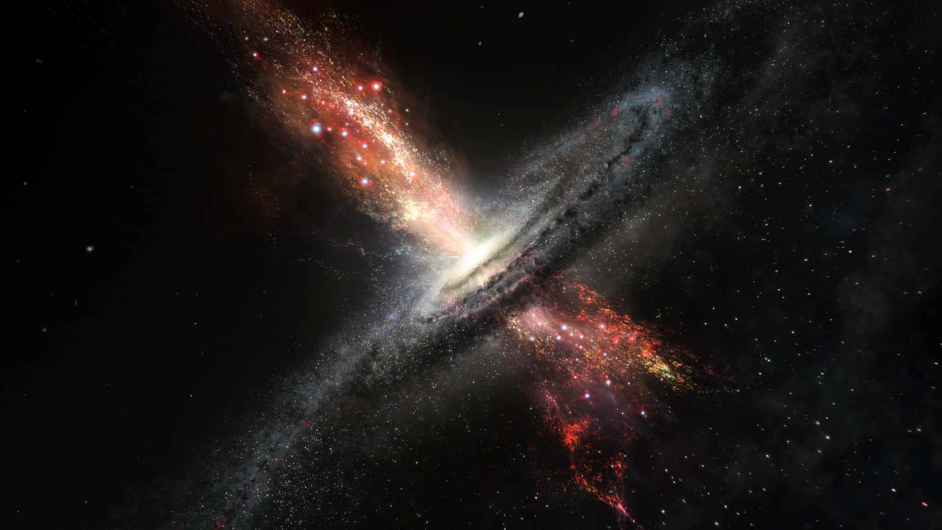一個螺旋星系在深空中與發光的紅色和橙色星雲碰撞。