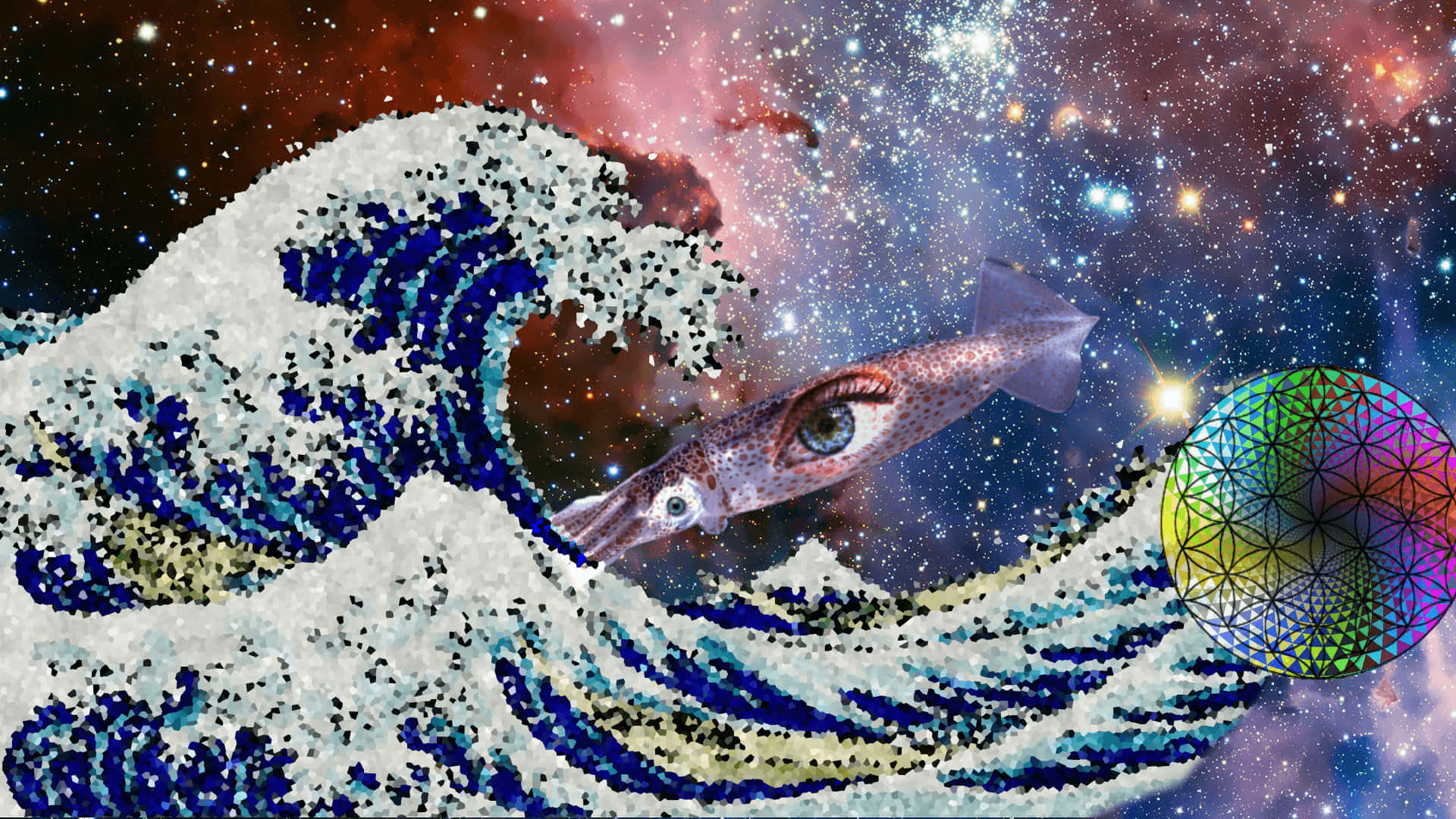 星空中的眼睛魷魚和幾何球體伴隨的宇宙波浪。