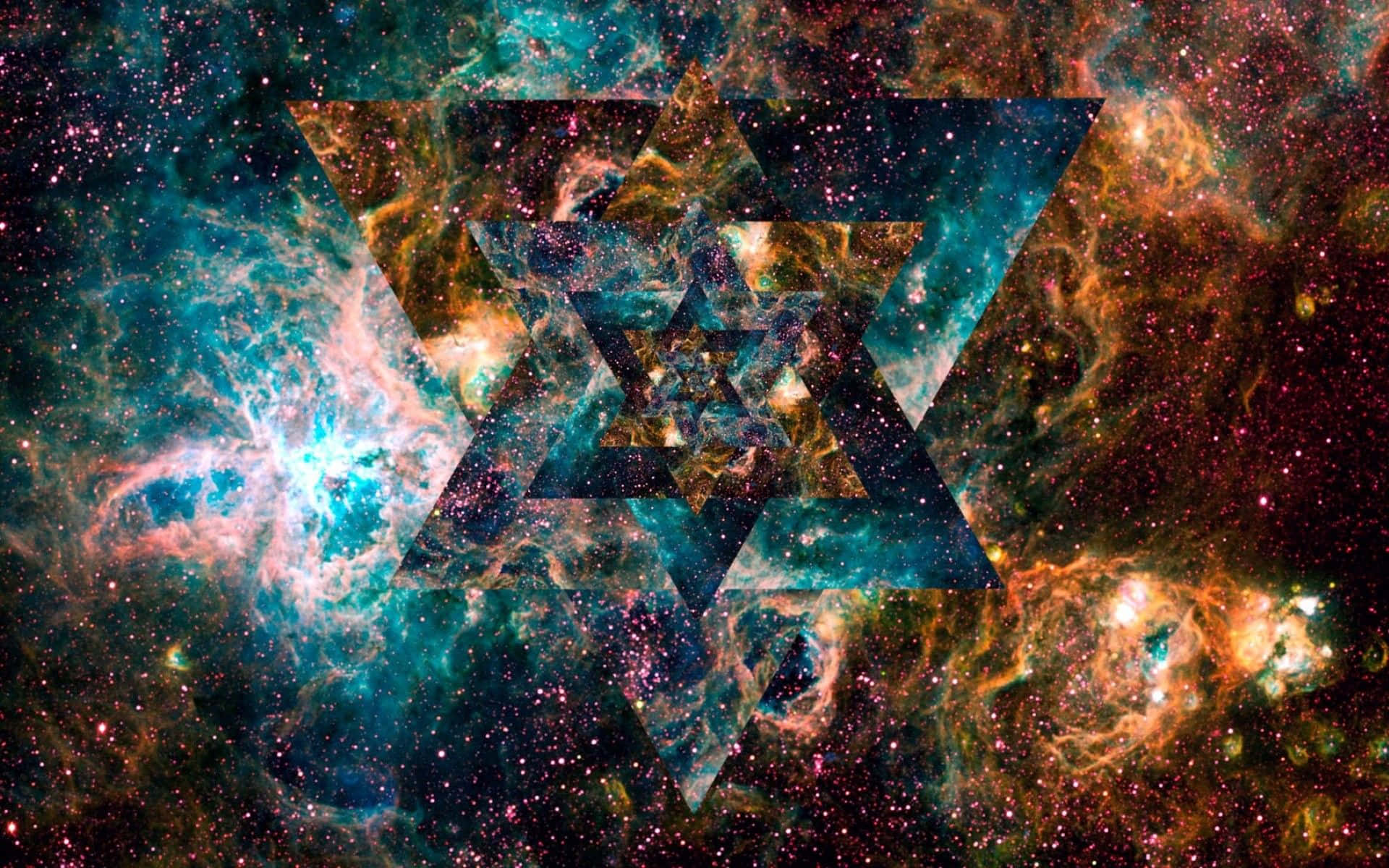 一個六角星符號，以色彩繽紛的宇宙星雲為背景，有星星和發光的雲。