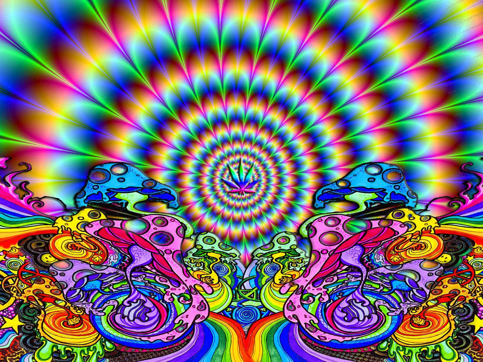 探索迷幻蘑菇宇宙 壁紙 — 鮮豔的迷幻蘑菇在超現實的數位景觀中，於燦爛的彩虹螺旋漩渦下生長。