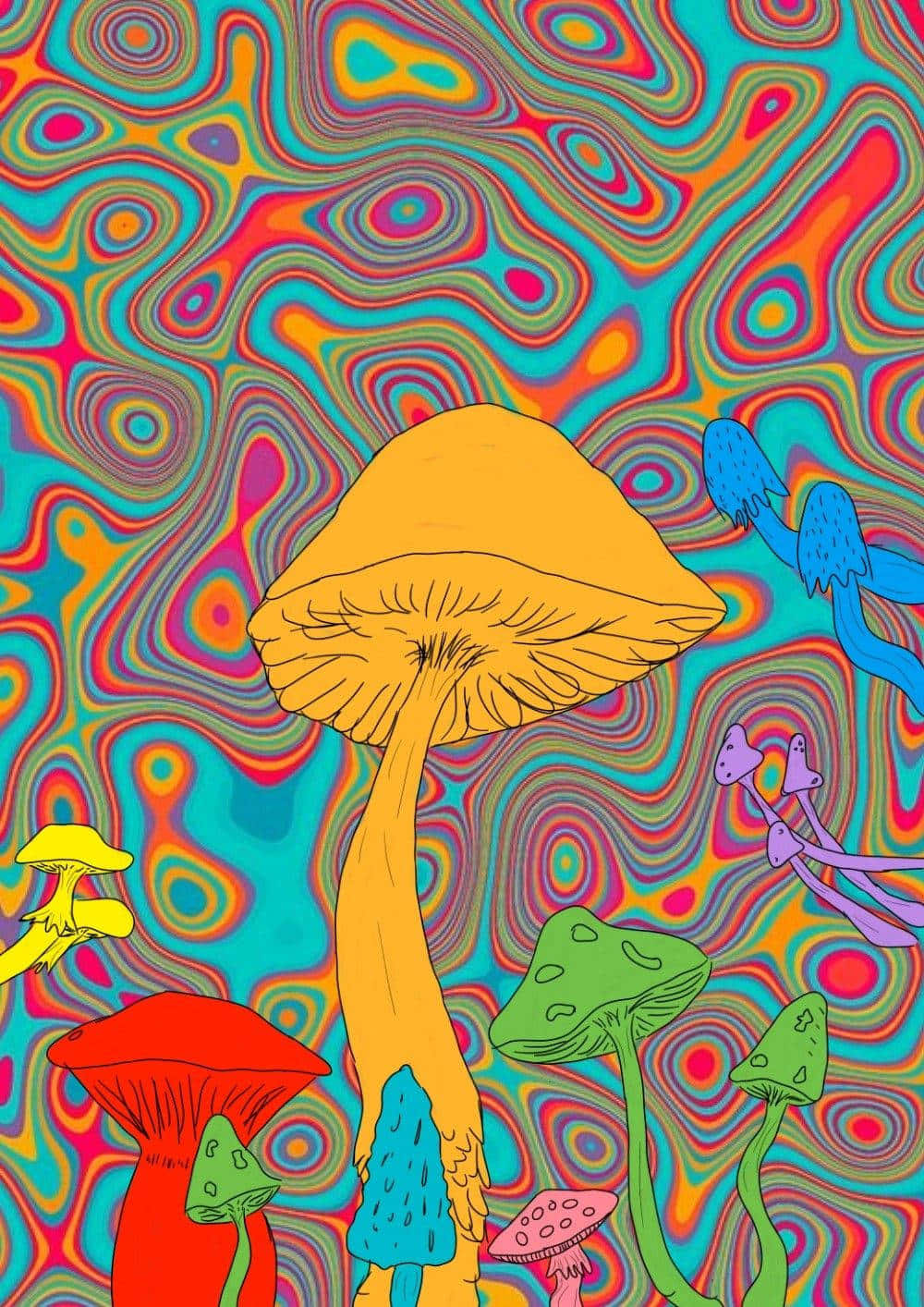 探索迷幻蘑菇的冒險之旅 壁紙 — 充滿活力的迷幻蘑菇從旋轉的彩虹漩渦中升起，呈現催眠圖案。