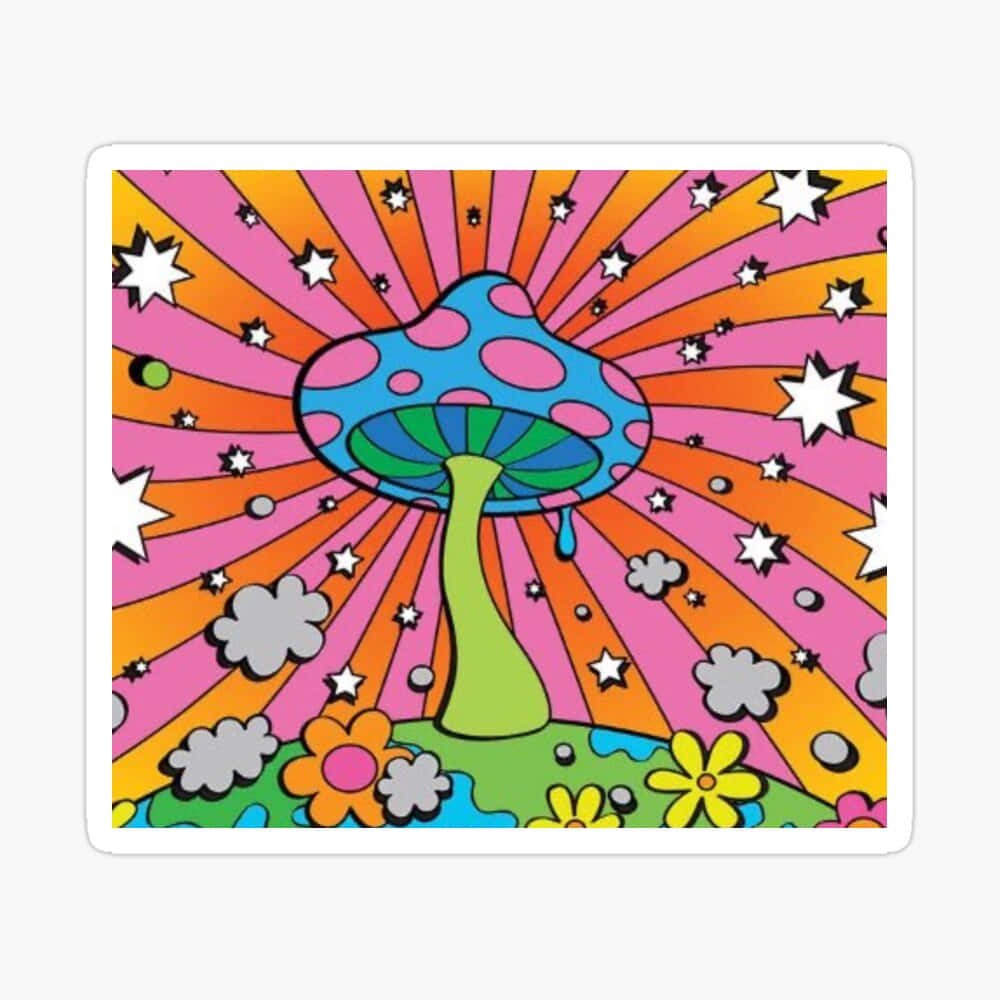 探索迷幻蘑菇的神秘魔法世界 壁紙 — 一朵帶有粉紅色斑點的迷幻藍色蘑菇，在充滿活力的粉紅色和橙色星爆背景下散發光芒。
