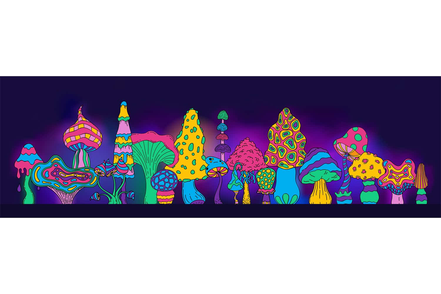 探索迷幻蘑菇的迷人世界 壁紙 — 充滿活力的迷幻蘑菇在深紫色夜空下發出霓虹光芒，構成超現實的奇幻景觀。