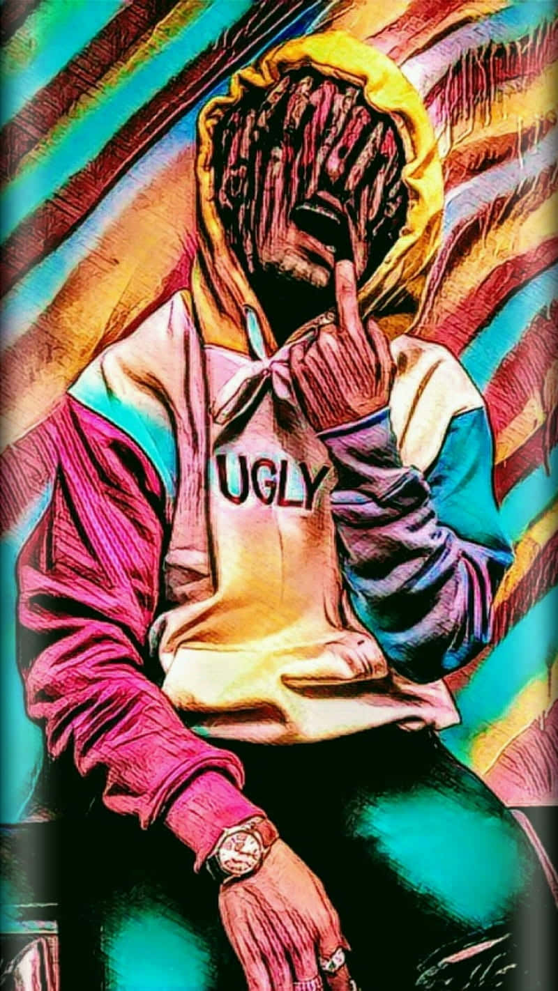 一個穿著印有 'ugly' 字樣連帽衫的人做出挑釁的手勢。