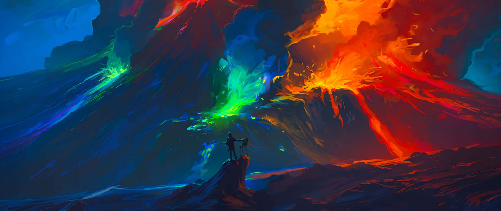 兩個人在夜間觀看發光的火山爆發。