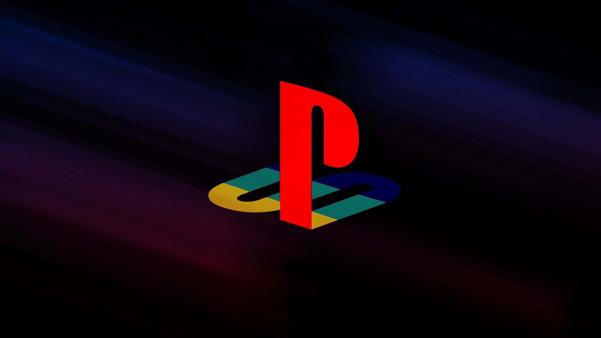 探索這款令人驚嘆的 PlayStation 5 主機 壁紙 — 發光的紅色PlayStation標誌在帶有藍色和紫色光條的深色漸變背景上脫穎而出。