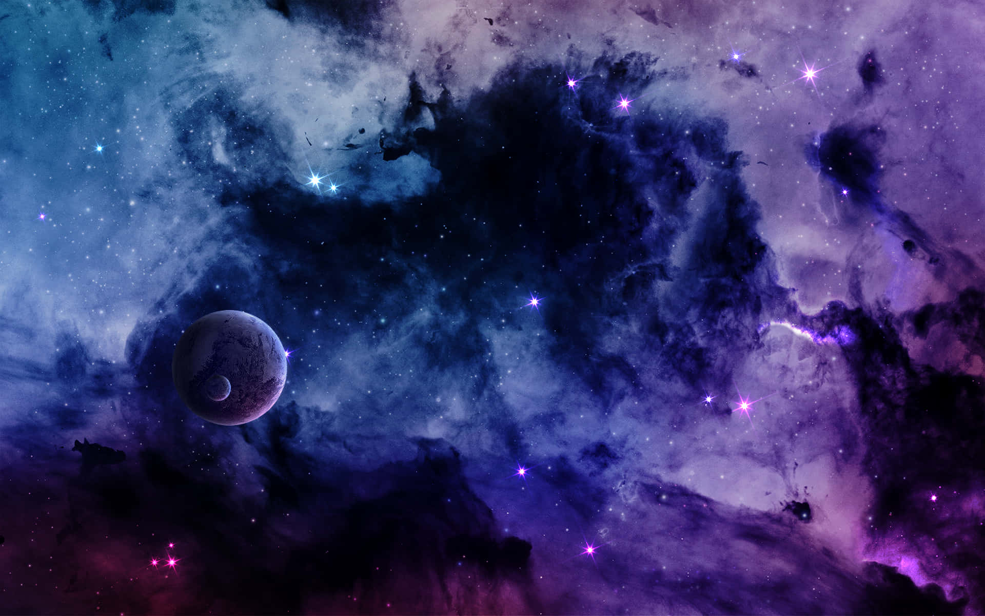 一顆行星漂浮在充滿星星和宇宙雲的彩色星雲中。