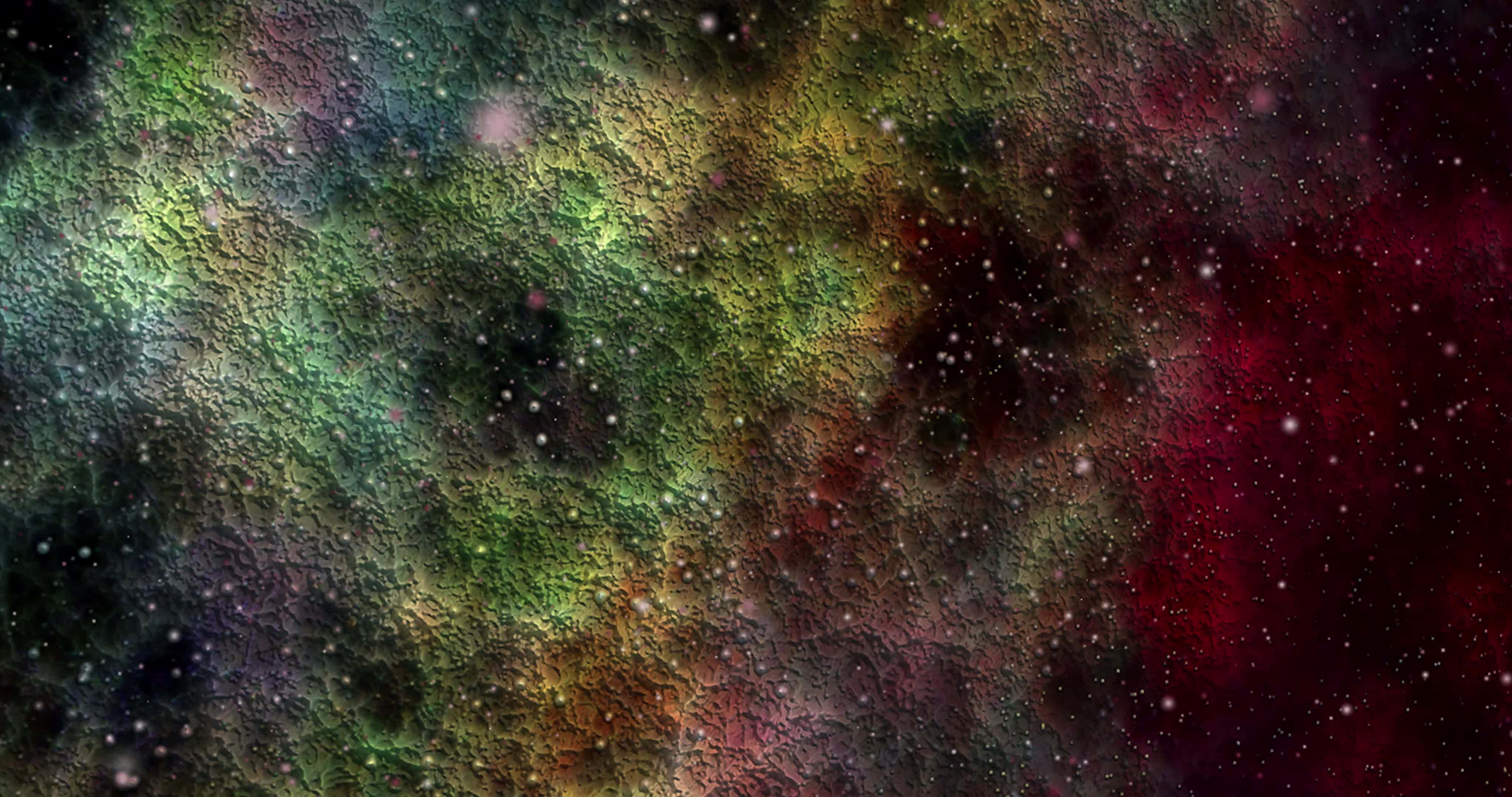 探索遙遠宇宙的美麗星系 壁紙 — 充滿活力的宇宙星雲，有旋轉的綠色、紅色和黑色雲層，點綴著發光的星星。