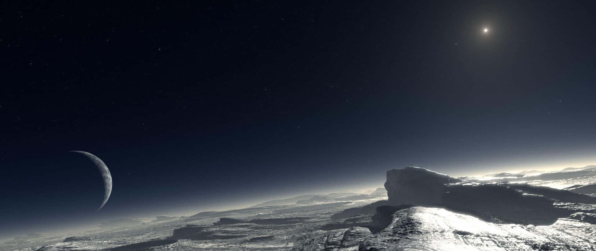 外星行星表面，有月亮和遙遠的太陽，星空