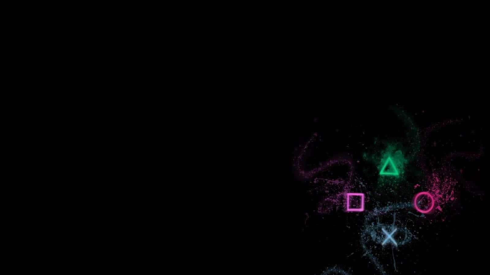霓虹燈PlayStation符號在黑暗空間中漂浮，像發光的粒子。