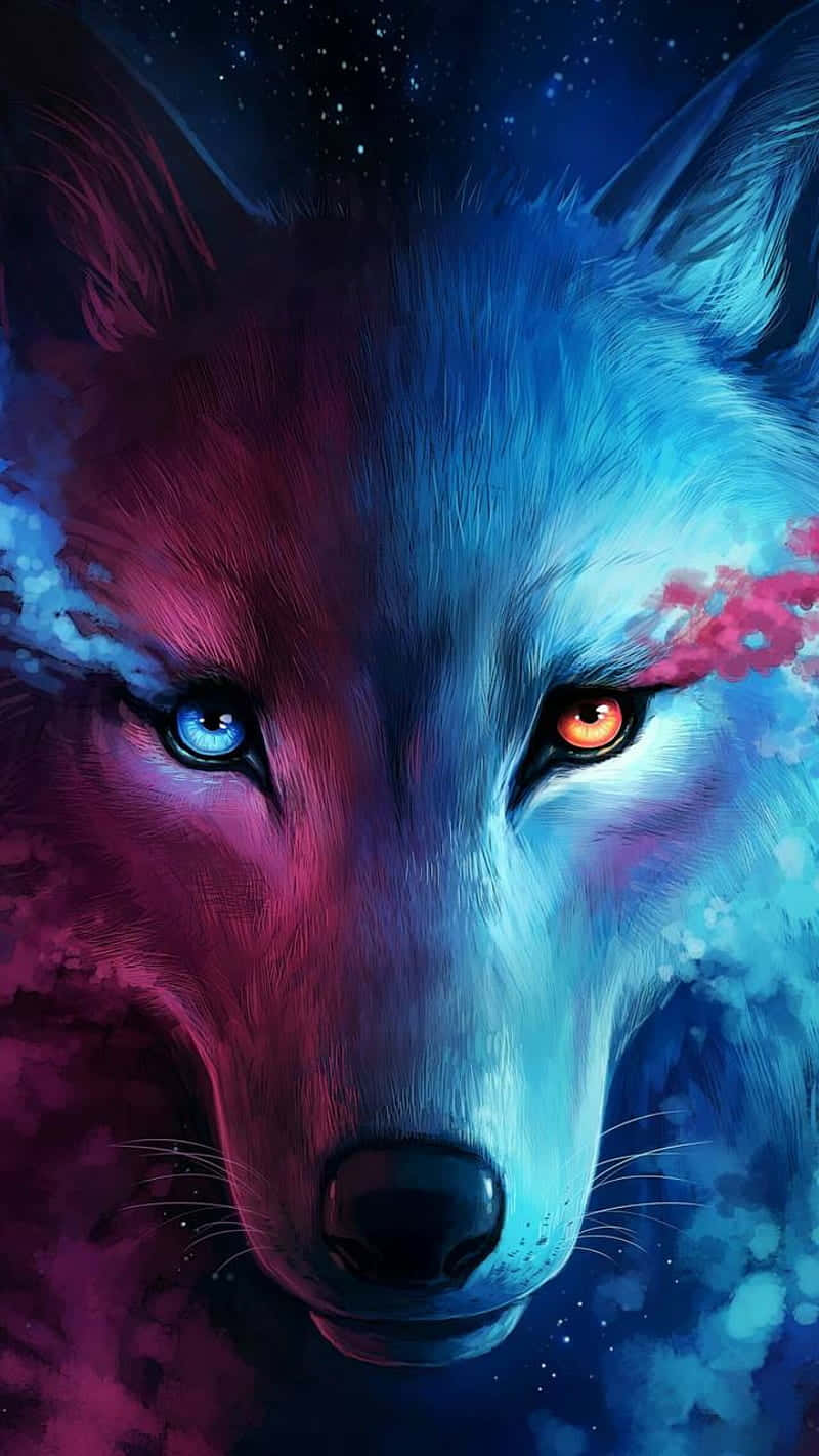探索酷動物銀河中的異國奇獸 壁紙 — 一隻數碼繪製的狼，擁有發光的異色眼睛，在宇宙星空背景下強烈凝視。