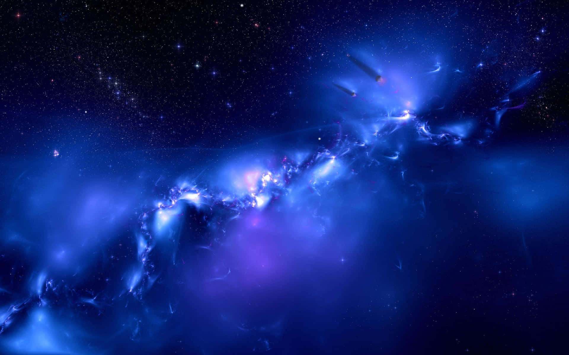 探索酷藍星系的遙遠邊際 壁紙 — 一個宇宙星雲在深藍色和紫色中旋轉，背景是星場、發光的氣體雲和遙遠的太空船。