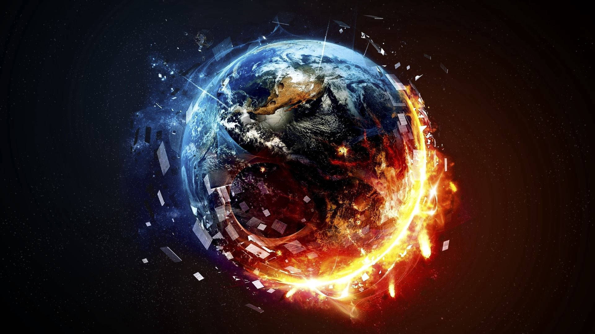 行星地球在太空中以熾熱的能量和數位碎片分裂。
