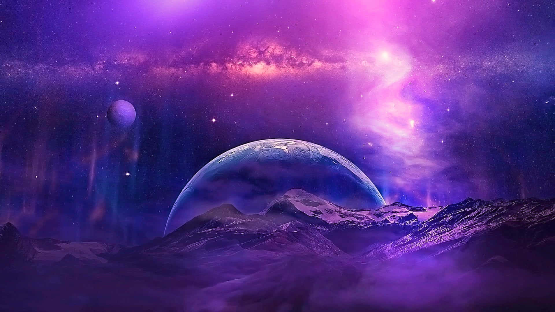 紫色外星行星在繁星點點的宇宙天空下從白雪覆蓋的山脈上升起。