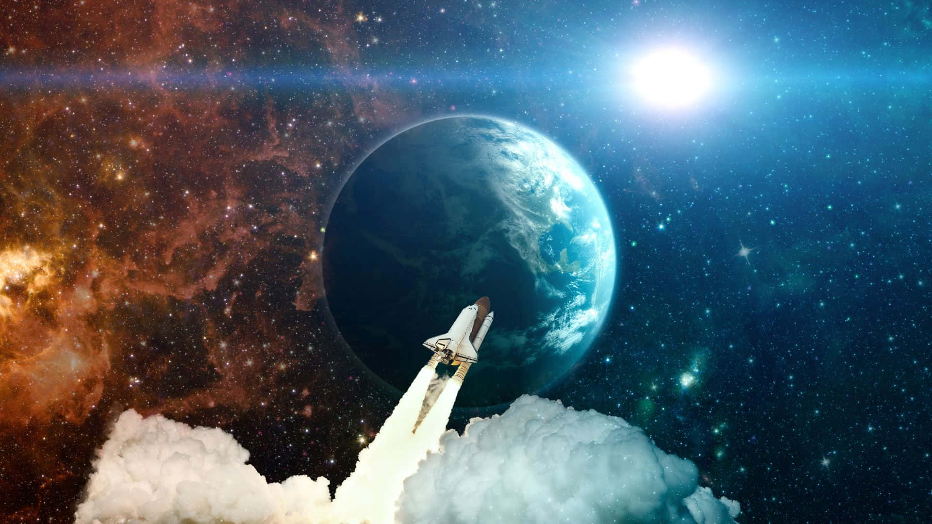 火箭穿過雲層向地球上升，處於繁星點點的宇宙場景中。