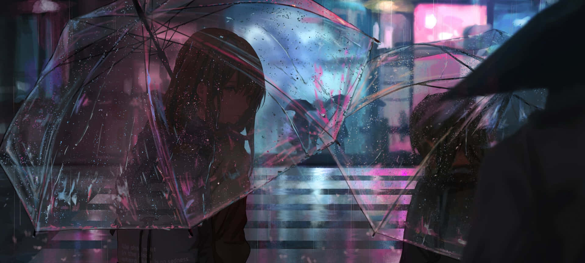 動漫女孩在雨夜霓虹街撐透明雨傘
