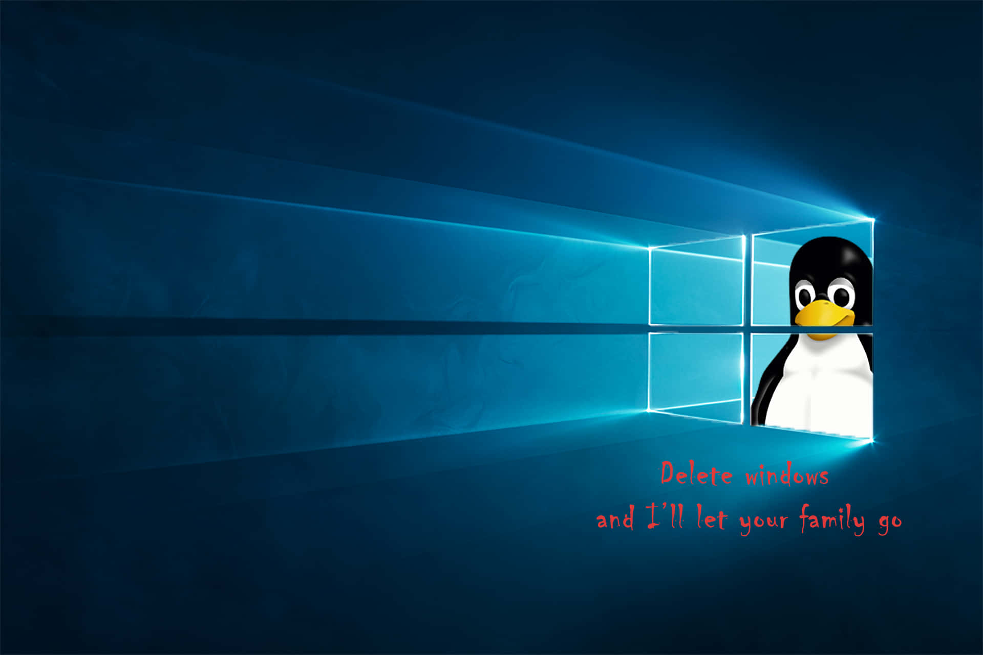 Windows標誌窗口中的Linux企鵝及勒索訊息。