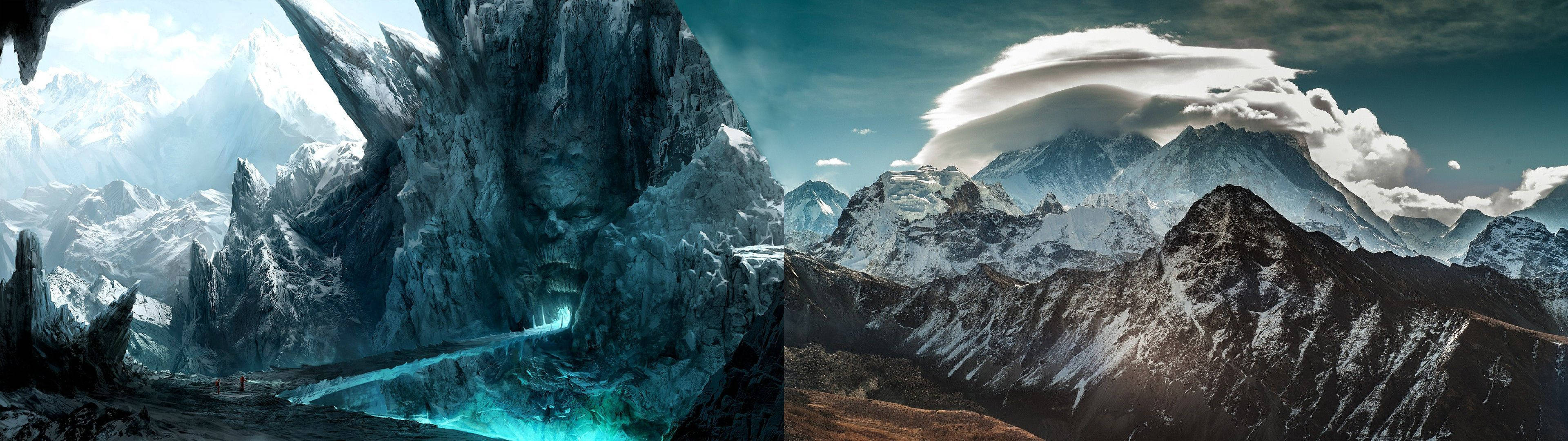 奇幻山景，有發光的冰洞和雪覆蓋的山峰，在戲劇性的雲層下。