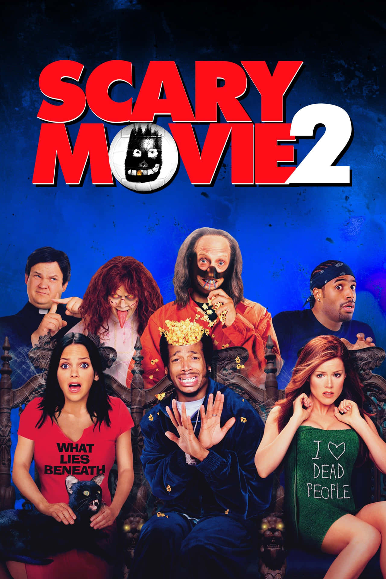 《Scary Movie 2》的電影海報，演員們擺出誇張的恐怖和喜劇姿勢。