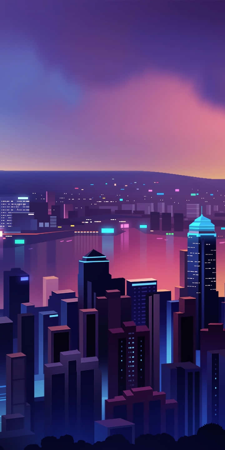 探索霓虹都市的夜生活 壁紙 — 黃昏時分充滿活力的霓虹城市景觀，高聳的摩天大樓在水面上反射出粉紅色和藍色的燈光。