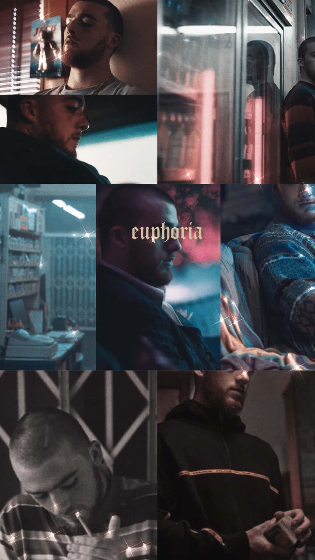 一個男人身處各種城市場景中，帶有霓虹燈和發光的euphoria字樣。