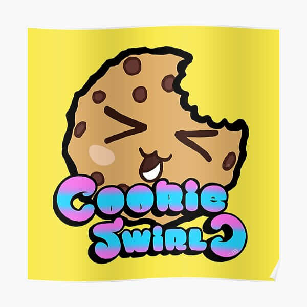一個微笑的卡通曲奇，帶有咬痕和眨眼眼睛，在文字Cookie Swirl上方。