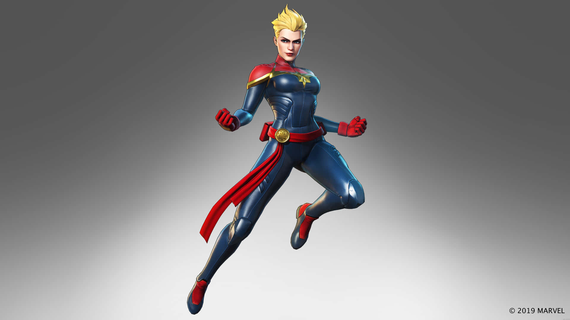 Marvel 隊長身穿超級英雄戰衣，在灰色背景前動感飛翔。