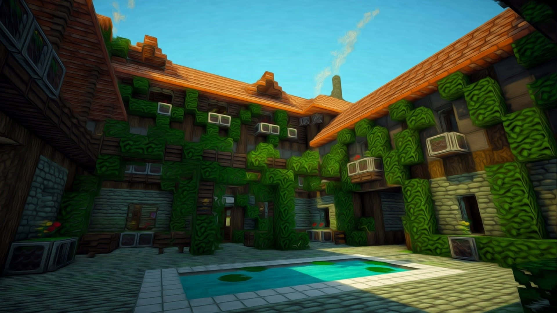 Minecraft庭院，有常春藤覆蓋的建築和一個水池，在藍天下。