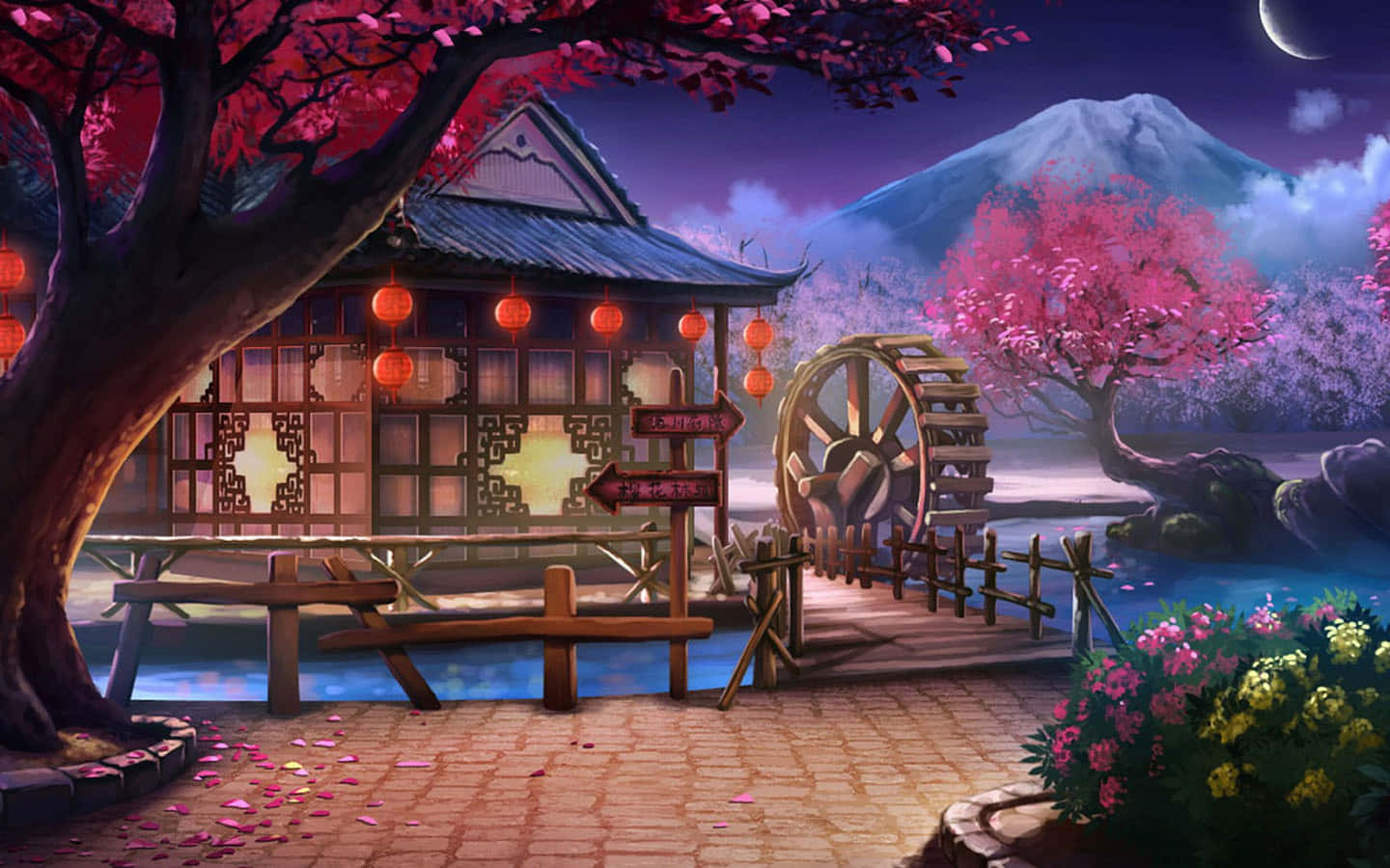 探索魔法動漫風景 壁紙 — 一座寧靜的日式亭閣，發光的燈籠旁邊有一個水車，在暮色天空下，有新月和櫻花。