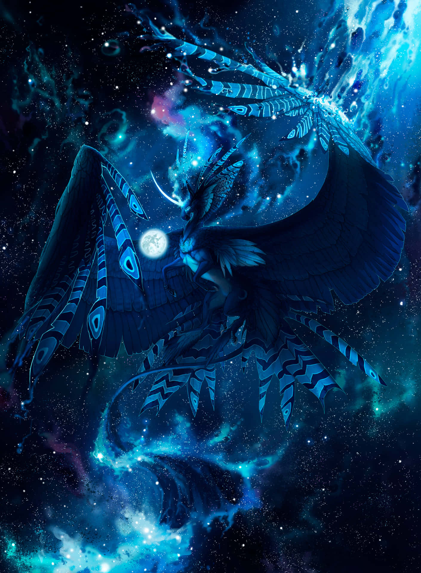一隻帶有圖案翅膀的藍龍飛過佈滿星星的宇宙星雲。