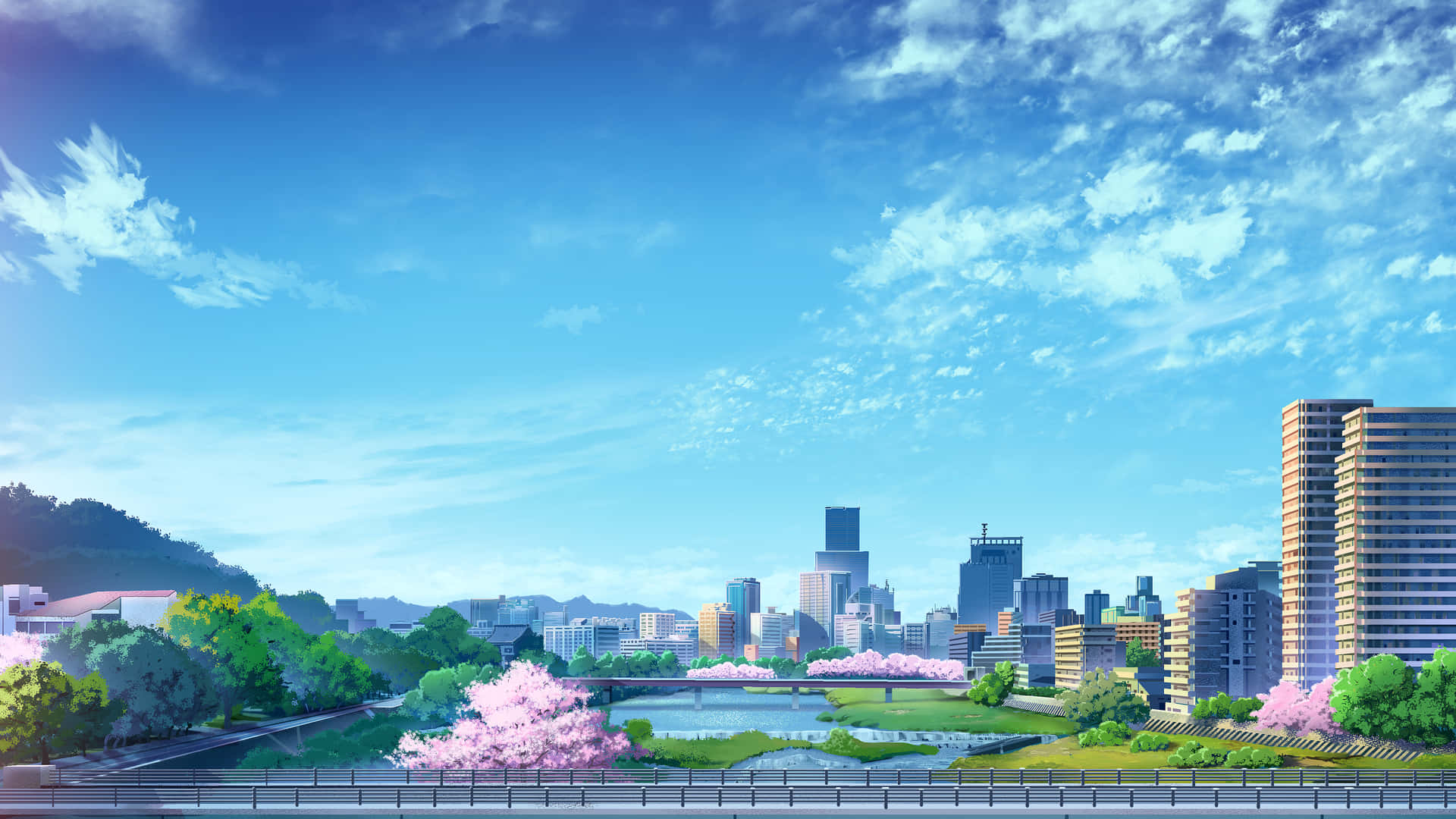 動漫城市，河邊櫻花，藍天白雲。