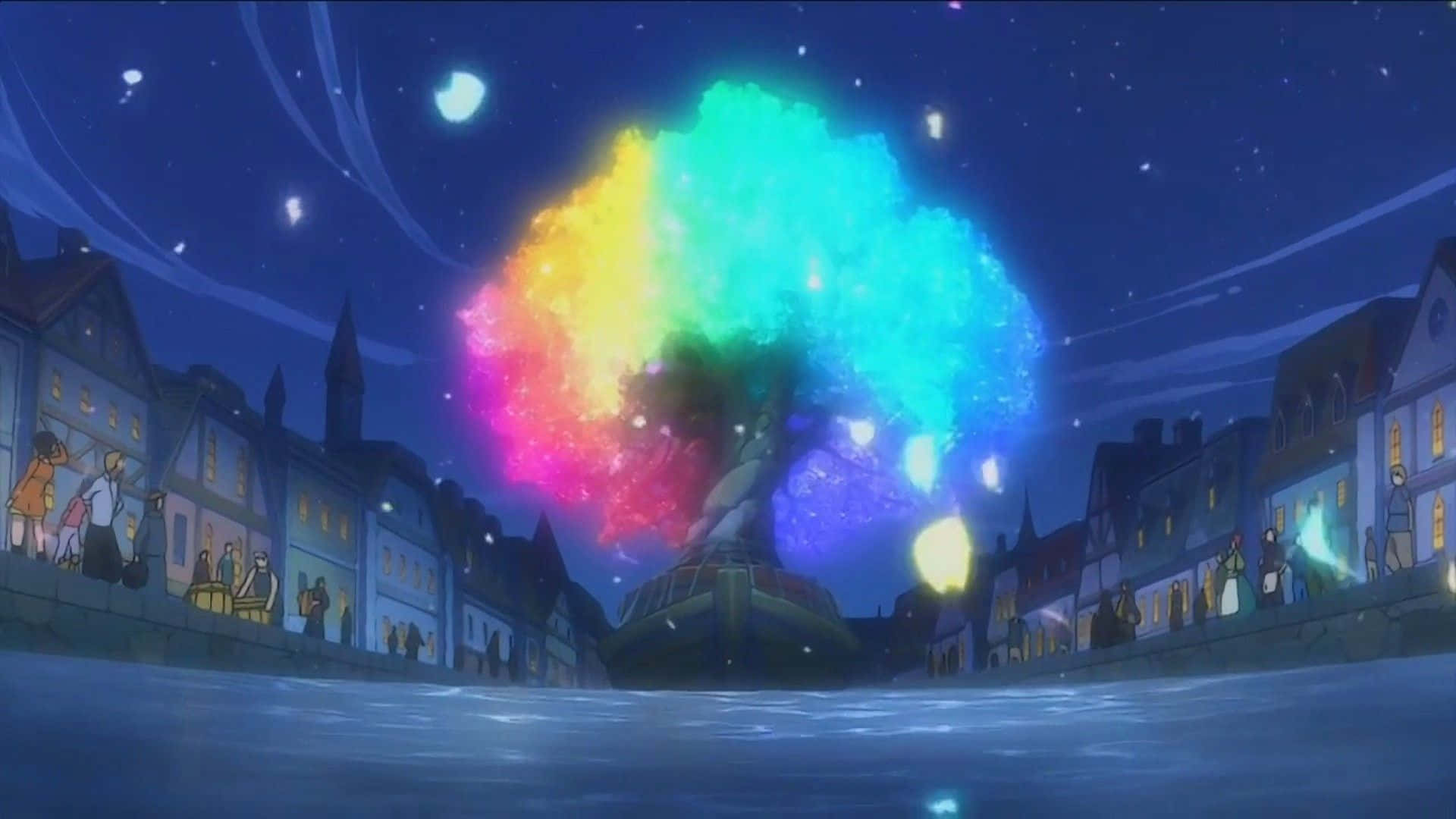 一棵發光的彩虹樹在星空下，照亮了河邊小鎮的夜晚。