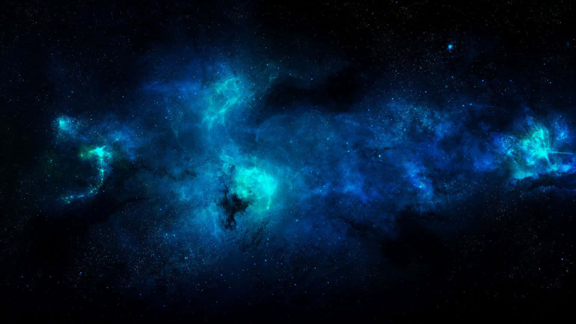 在深空中，一個發光的藍色和藍綠色星雲，點綴著星星。