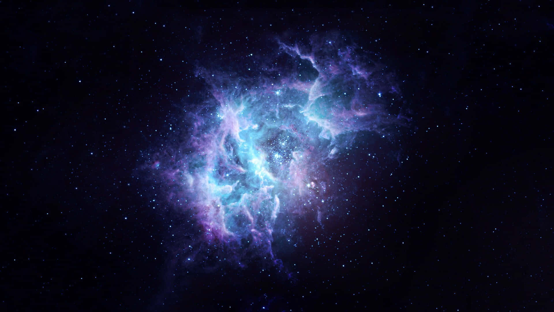 一個發光的藍色和紫色星雲，被夜空中遙遠的星星環繞。