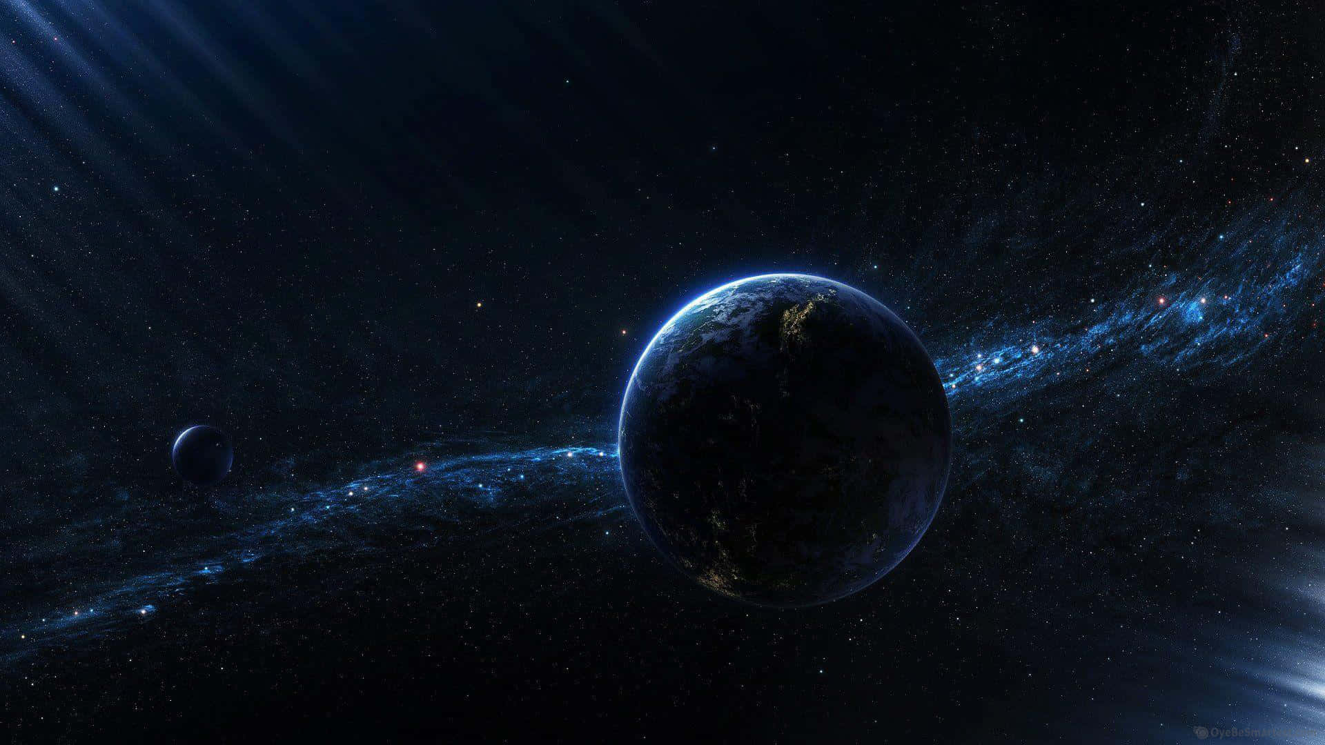 被藍色星雲和星星包圍的發光城市行星