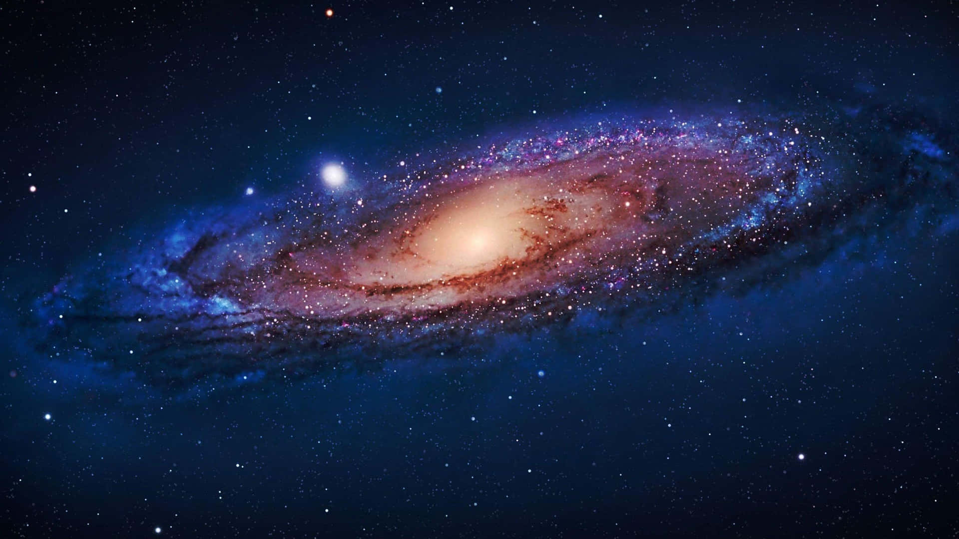 一個螺旋星系，帶有藍色、紫色和金色的色調，在星空中發光。
