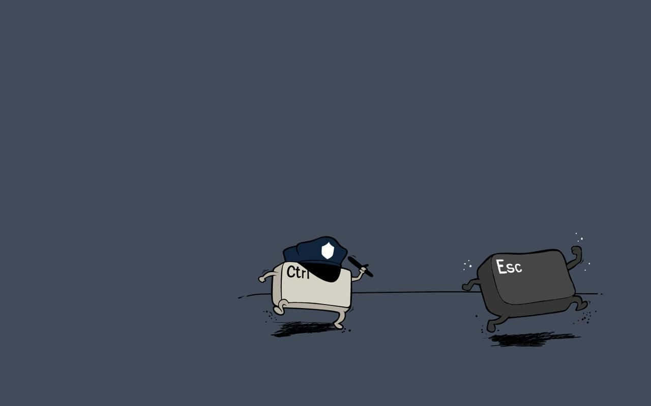 穿著警察制服的Ctrl鍵在灰色背景上追趕Esc鍵。