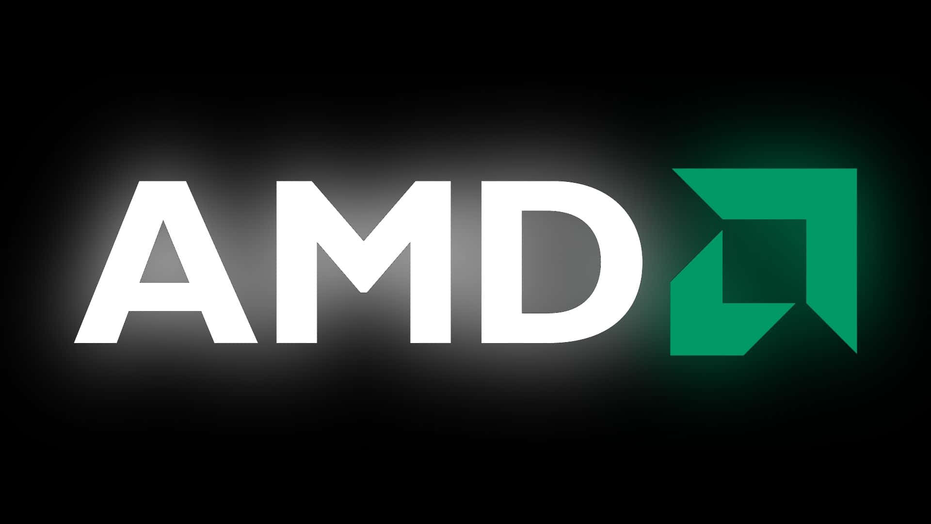 深色背景上帶有白色文字和綠色方塊的 AMD 標誌
