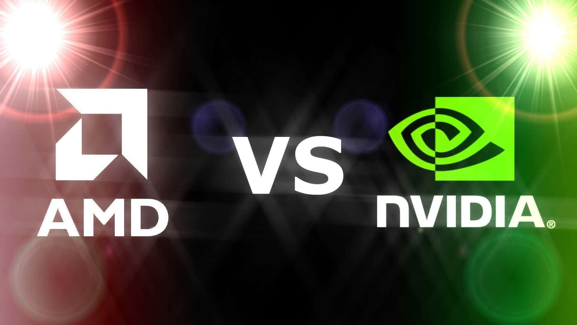 AMD 與 NVIDIA 標誌比較，帶有紅色和綠色鏡頭光暈。
