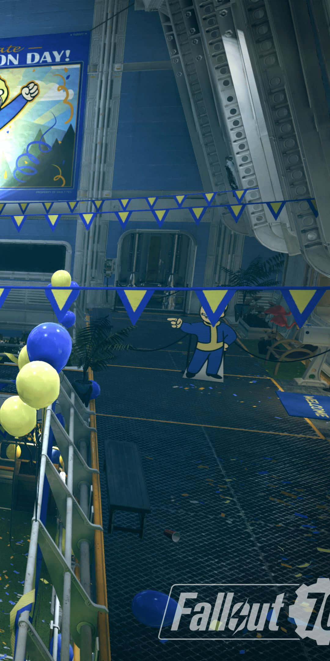 「推出全新 Google Pixel 3 手機，搭配 Fallout 76 主題背景。」 壁紙 — 一個Fallout 76避難所內部，裝飾著藍色黃色氣球、橫幅和Vault Boy剪影，用於慶祝活動。