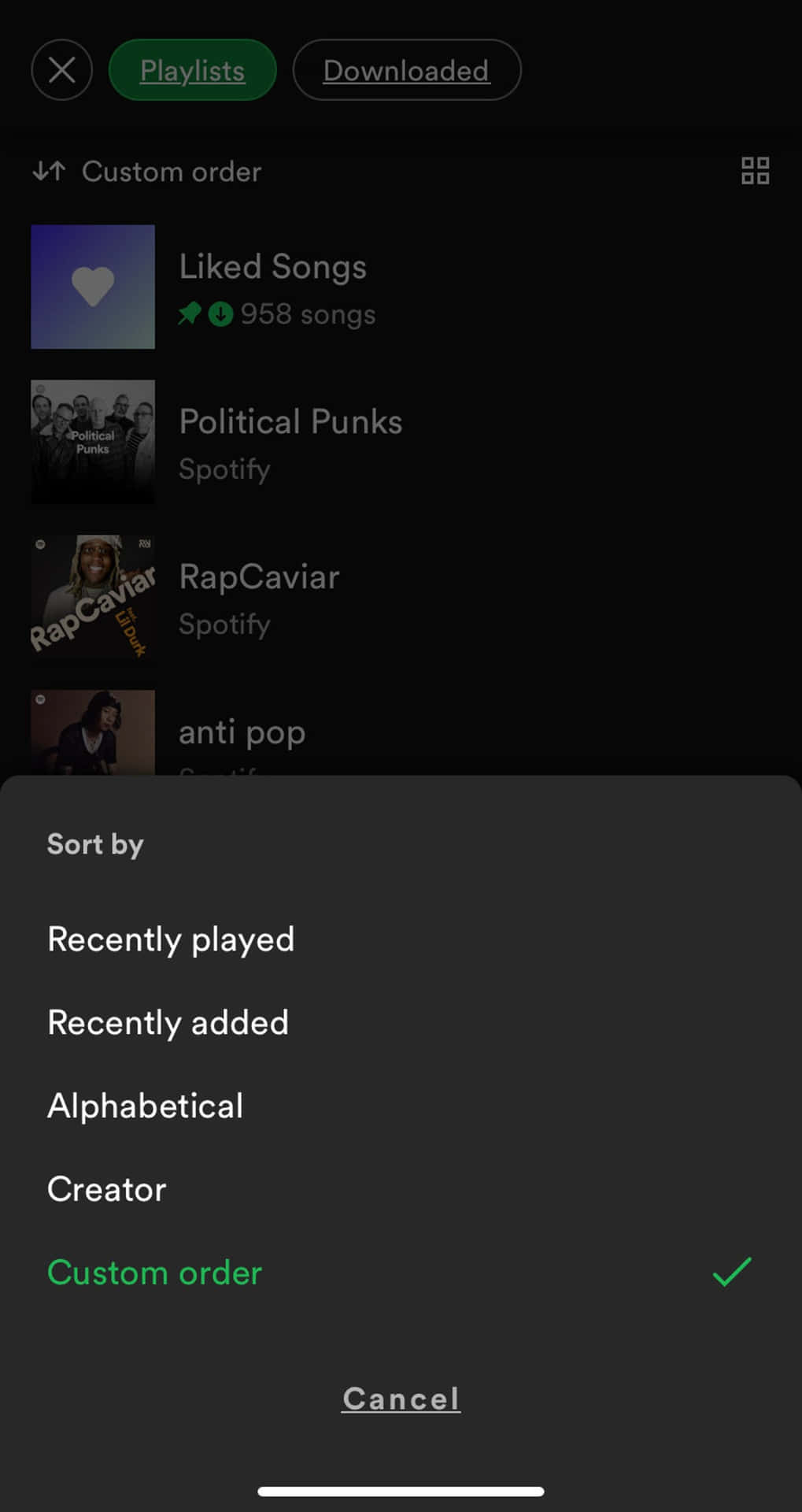 Spotify 應用程式畫面，顯示播放清單排序選單，並已選擇自訂順序。