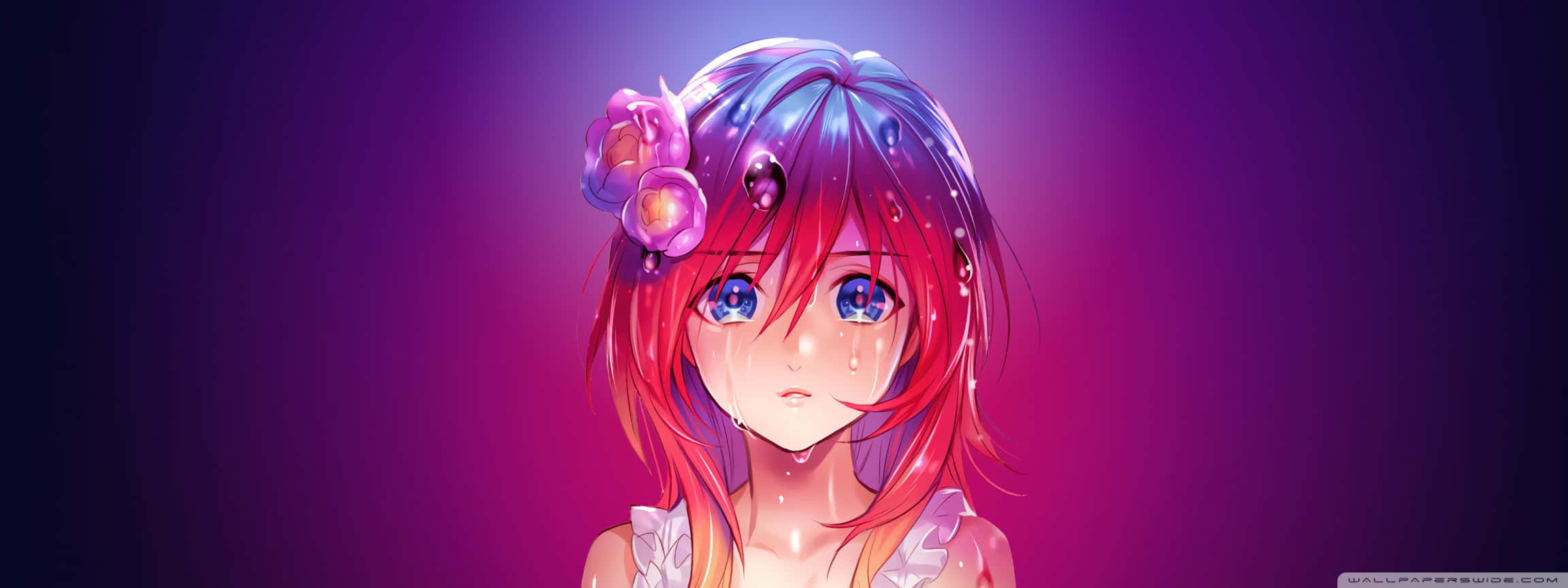 描繪失落與後悔的美麗哀傷動漫場景 壁紙 — 一個充滿活力的動漫女孩，紅藍色的頭髮上點綴著發光的花朵，站在耀眼的紫色漸變背景前。